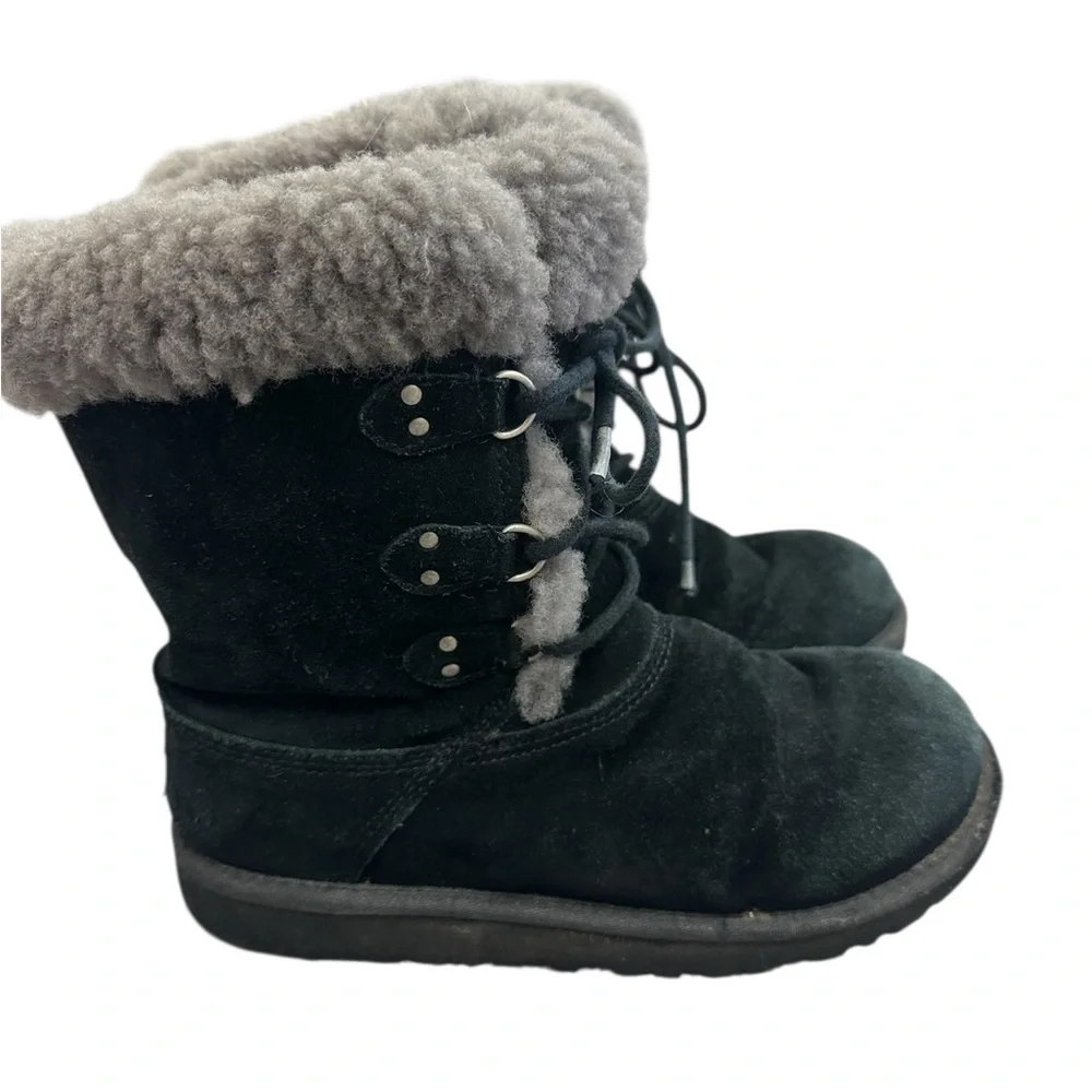 UGG‎ Montclair 1892 Boot Black Suede Gray Shearling Fur Cuff Girls Size 4